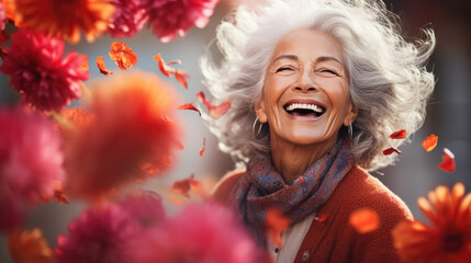 Happy smiling mature woman on flowers background.