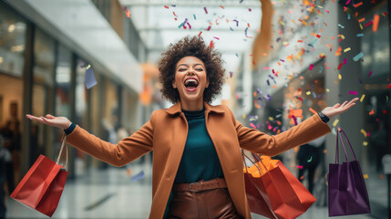 Young woman stands with bags while shopping. Created with Generative AI technology.