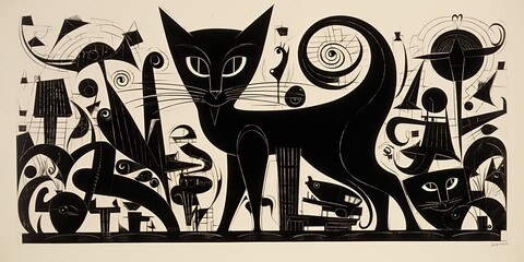 Obraz premium AI Generated. AI Generative. VIntage retro old cat graphic drawing abstract geometric painting style. Graphic Art