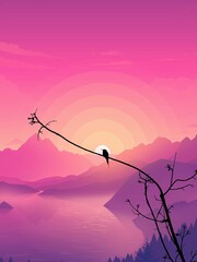 Illustration of a bird silhouette perched on a branch at vibrant pink sunset
