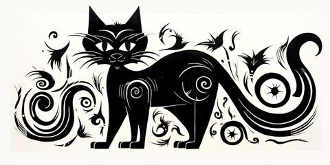 AI Generated. AI Generative. VIntage retro old cat graphic drawing abstract geometric painting style. Graphic Art