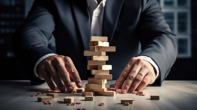 A businessman in a suit tries to build and hold up a wooden tower. Created with Generative AI technology.