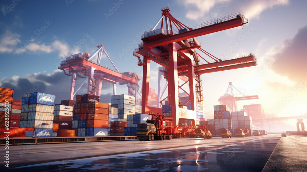 Poster design a state-of-the-art cargo container terminal with towering automated cranes, efficiently loadi