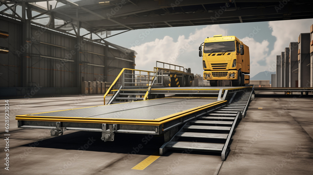 Poster create an innovative cargo loading platform with adjustable ramps and multi-level staging areas, opt