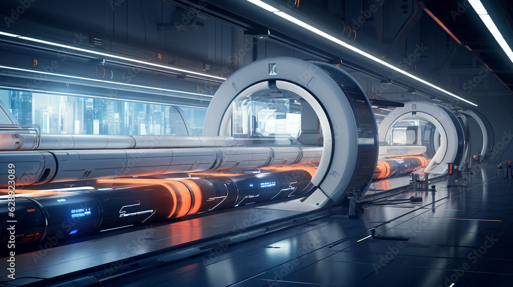 Poster design a futuristic cargo logistics hub with hyperloop transport systems, allowing for ultra-fast an