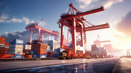 Fototapeta premium Design a state-of-the-art cargo container terminal with towering automated cranes, efficiently loading and unloading containers from massive cargo ships, showcasing a seamless logi Generative AI