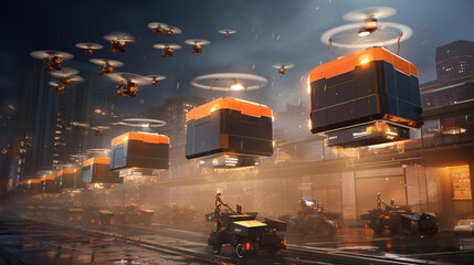 Create an autonomous cargo delivery robot depot, with a swarm of robots efficiently navigating through cities, delivering packages to their final destinations." Generative AI