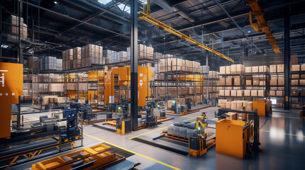 Craft an expansive cargo storage warehouse with automated conveyor belts, robotic forklifts, and an intelligent inventory management system, showcasing a well-organized and efficie Generative AI