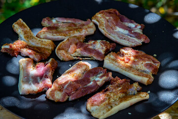 grilled pork meat with spices, on a grill