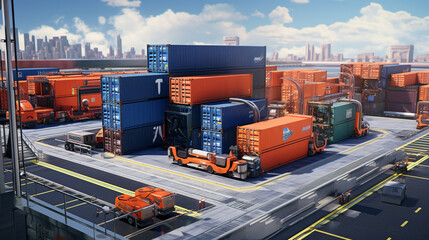 Create a high-capacity cargo container train station with automated loading and unloading platforms, efficiently transferring goods between rail and truck transport, enhancing inte Generative AI