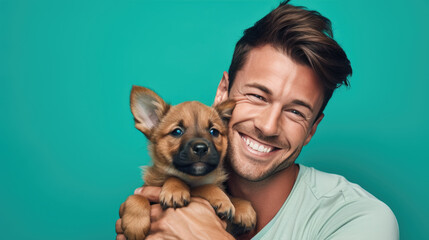 Obraz premium Young man holds a dog puppy in his arms on blue background.