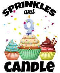 9 Sprinkles Candle Cupcake Confetti Kid 9th Birthday