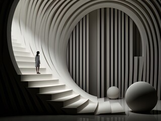 Abstract minimalistic interior black and white tunnel and silhouette of a woman in it. AI