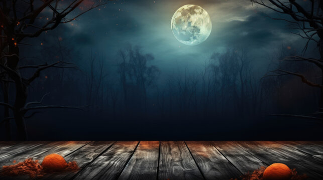 Spooky Halloween Background With Empty Wooden Planks, Dark Horror Background.