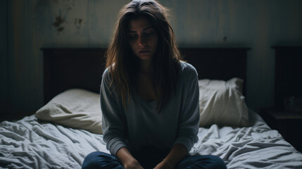 Woman Suffering From Depression Sitting On Bed In Pajamas - obrazy, fototapety, plakaty