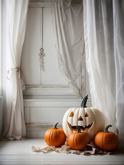 Photo realistic Halloween Scene with Creepy Pumpkin Face and White curtain background, Spooky White Pumpkin with Orange Pumpkins Display with Autumn Leaves and white lace Generative AI