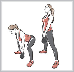 Vector illustration of a young woman performing a deadlift with a kettlebell