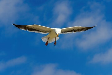 the seagull is soaring against a partly blue sky