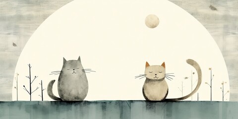 AI Generated. AI Generative. Vintage retro kids cartoon character cats sitting at moon and howling at night. Graphic Art