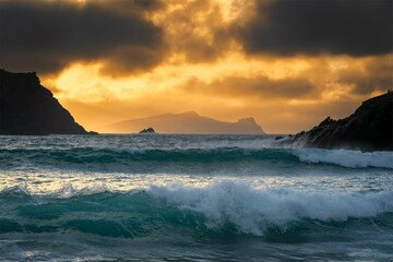 Stunning sunset is captured over a rocky shoreline as waves crash against the shore - Powered by Adobe