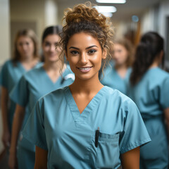 Portrait of a young nursing student standing with her team in hospital, dressed in scrubs, Ai generaated