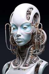 Robot concept of female humanoid made with wires and black background