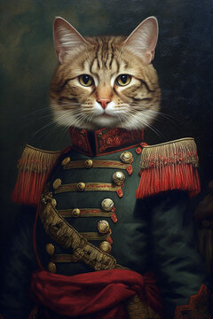 Simulation of a classic oil painting of a cat in military clothing in renaissance style