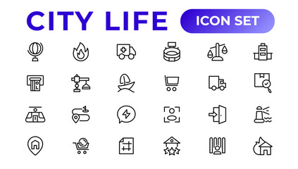 City life line icons, signs, Line Icon set.  Editable vector icon.