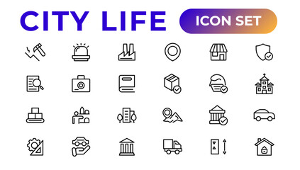 City life line icons, signs, Line Icon set.  Editable vector icon.