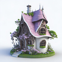 fantastic 3D cartoon house with a pink roof on white background generated ai