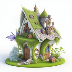 small fantastic 3D house with a green grass roof on white background generated ai