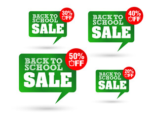 Back to school sale, green speech bubble. Sale 20%, 30%, 40%, 50% off discount