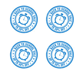 Back to school sale blue grunge stamp set with clock. Sale 20%, 30%, 40%, 50% off discount