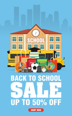 Back to school sale concept design flat style banner. Sale up to 50% off