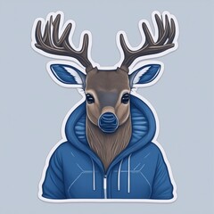 deer with navy hoodie, sticker cartoon on white background illustration