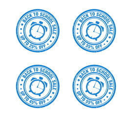 Back to school sale blue grunge stamp set with clock. Sale 25%, 35%, 45%, 55% off discount