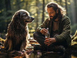 Pet owner takes care of his Labrador Retriever during hot sunny day,"Dog drinking water from plastic bottle" Generative AI..