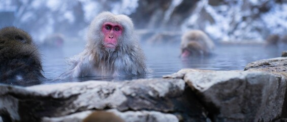 Snow monkeys with their family in a hot spring.