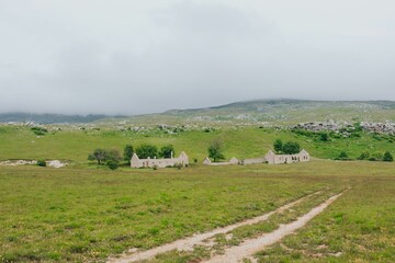 a field with houses in it with a path leading to them