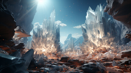cluster of white crystals under a blue sky, distant land, generative ai