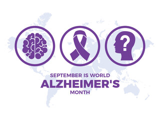 September is World Alzheimer's Month vector illustration. Purple awareness ribbon, human brain and head silhouette icon vector. Person with Alzheimer's disease drawing. Mental health symbol