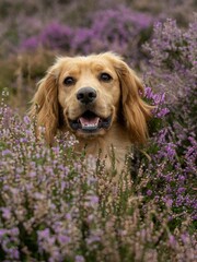 Vertical shot of an adorable english cocker spaniel in a field of lavender flowers