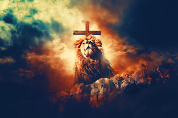 Double exposure lion on the top of the mountain and cross - obrazy, fototapety, plakaty