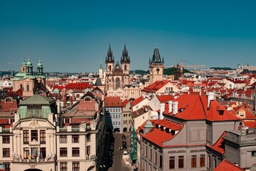 Obraz premium Aerial view of Prague cityscape with iconic architecture and rooftops