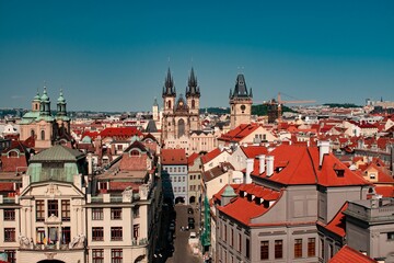 Aerial view of Prague cityscape with iconic architecture and rooftops