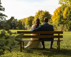 Wedding photo of a couple enjoying a sunny day in a park, sitting on a bench