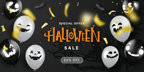 Halloween Sale Promotion Poster with scary balloons, spiders, Vector illustration for website , posters, ads, coupons, promotional material,invitation, postcard 