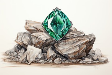 A pile of rocks with a green diamond atop it. (Generative AI)