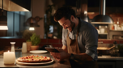 Man stands in the kitchen next to a ready-made pizza.