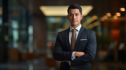 Serious and confident businessman stands in a suit against the backdrop of a modern office.